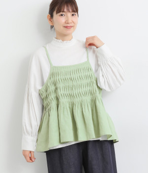 リネン変形ピンタックギャザーキャミブラウス(ミントグリーン-ONESIZE)