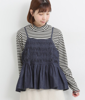 リネンコットンデニム変形ピンタックギャザーキャミブラウス(インディゴ-ONESIZE)