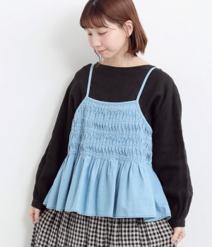 リネンコットンデニム変形ピンタックギャザーキャミブラウス(ブリーチ-ONESIZE)