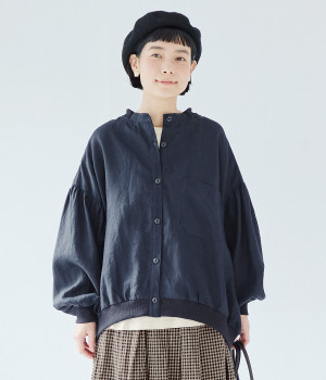 一部別注｜リブ付猫目釦長袖ブラウス(ダークネイビー-ONESIZE-【別注カラー】)