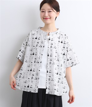 ローン　ポッププリントバンドカラーワンポケ猫目釦半袖シャツ(住人の動物達-ONESIZE)