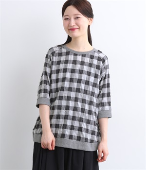 オーガニックコットン・リネン　シャーリングチェック　リブ付き5分袖プルオーバー(グレー×ブラック-ONESIZE)