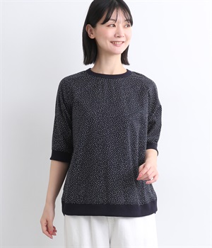 コットン　ランダム小玉プリント　リブ付き5分袖プルオーバー(ネイビーベース×たま-ONESIZE)