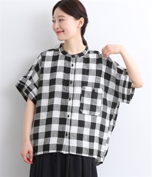 先染リネンバンドカラー半比翼後ヨークギャザー裾シャーリング二枚袖半袖シャツ(ブロックチェック-ONESIZE)