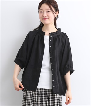 リネン襟・袖フリル本貝釦ラグラン半袖ブラウス(ブラック-ONESIZE)