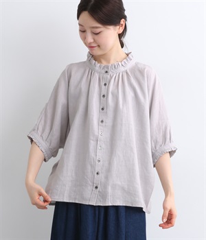 リネン襟・袖フリル本貝釦ラグラン半袖ブラウス(ライトグレー-ONESIZE)