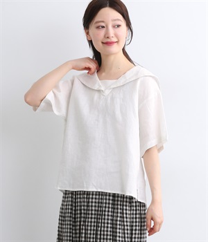 リネンピンタック入りセーラー襟半袖ブラウス(ホワイト-ONESIZE)