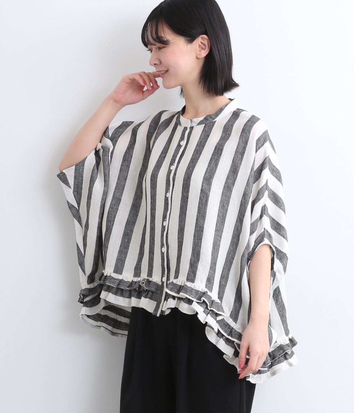 先染ストライプ裾二段フリル前開本貝釦ブラウス(ストライプ-ONESIZE)
