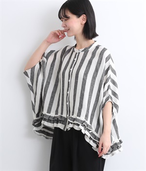 先染ストライプ裾二段フリル前開本貝釦ブラウス(ストライプ-ONESIZE)