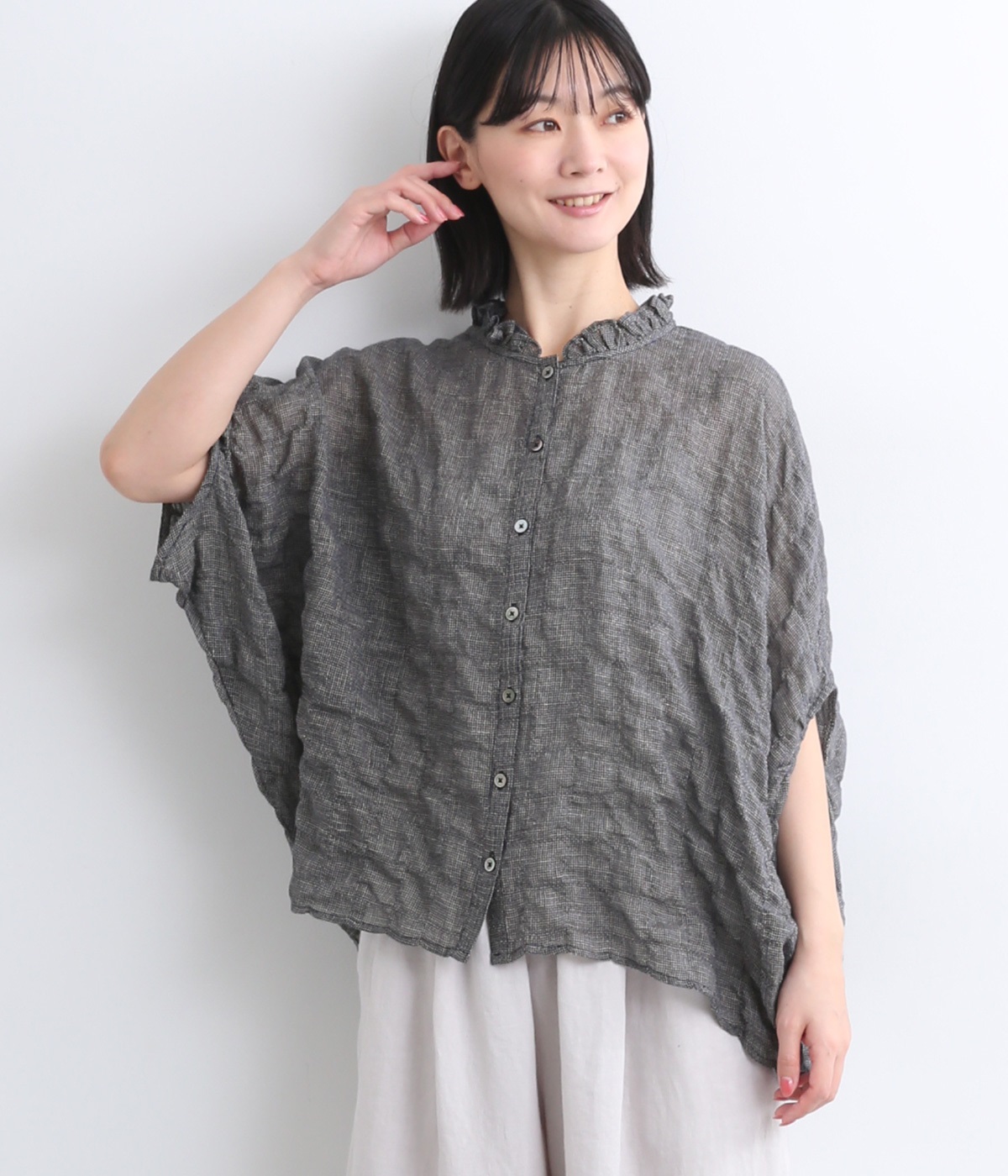 先染めみじん柄襟フリル前開本貝釦ブラウス(みじん柄-ONESIZE)