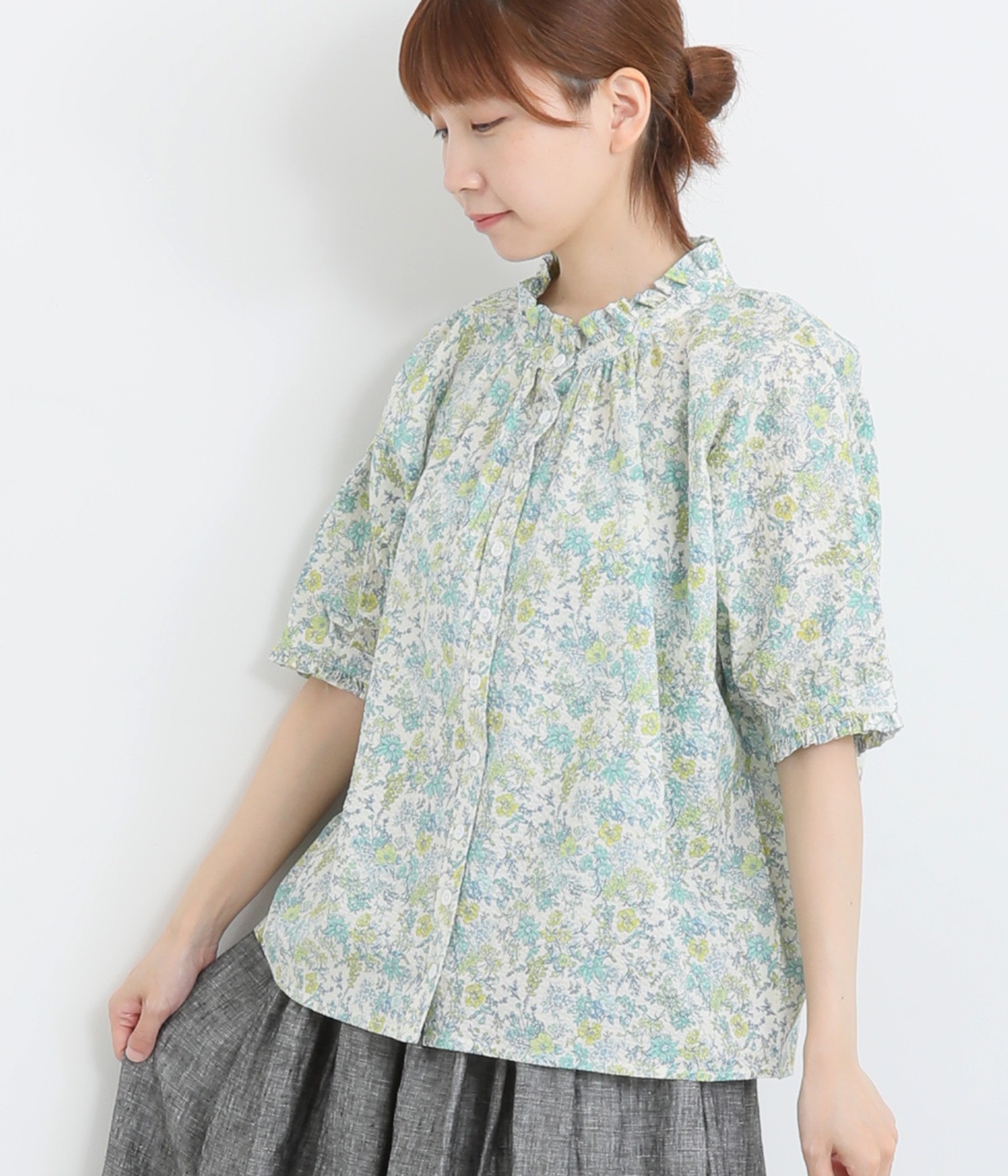 コットンミラクルウェーブプリントラグラン半袖ブラウス(オフｘグリーン-ONESIZE)