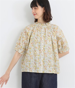 コットンミラクルウェーブプリントラグラン半袖ブラウス(オフｘイエロー-ONESIZE)