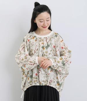 リネン水彩花プリント裾絞りラグラン袖刺繍×無地配色リブ付きブラウス