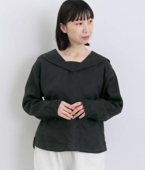 14番リネン手洗いざらしリネン大襟・折返し袖ピンタック加工セーラー襟ブラウス