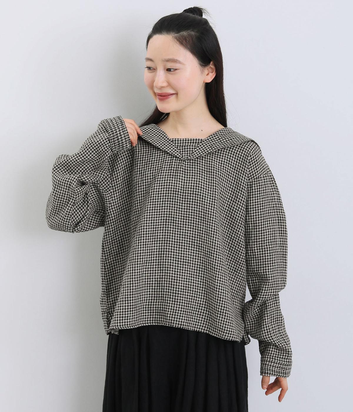 リネンギンガムチェック大襟・折返し袖ピンタック加工セーラー襟ブラウス(ギンガムチェック-F)