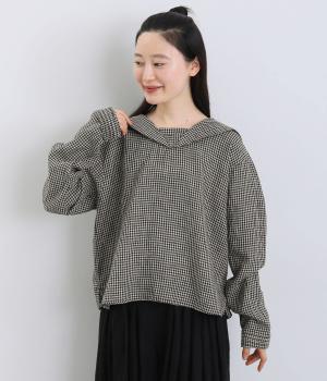 リネンギンガムチェック大襟・折返し袖ピンタック加工セーラー襟ブラウス(ギンガムチェック-F)
