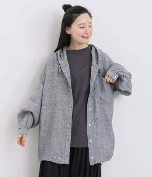 リネン先染めシャンブレー無地フード付裾スピンドル背ヨークフリルブラウス