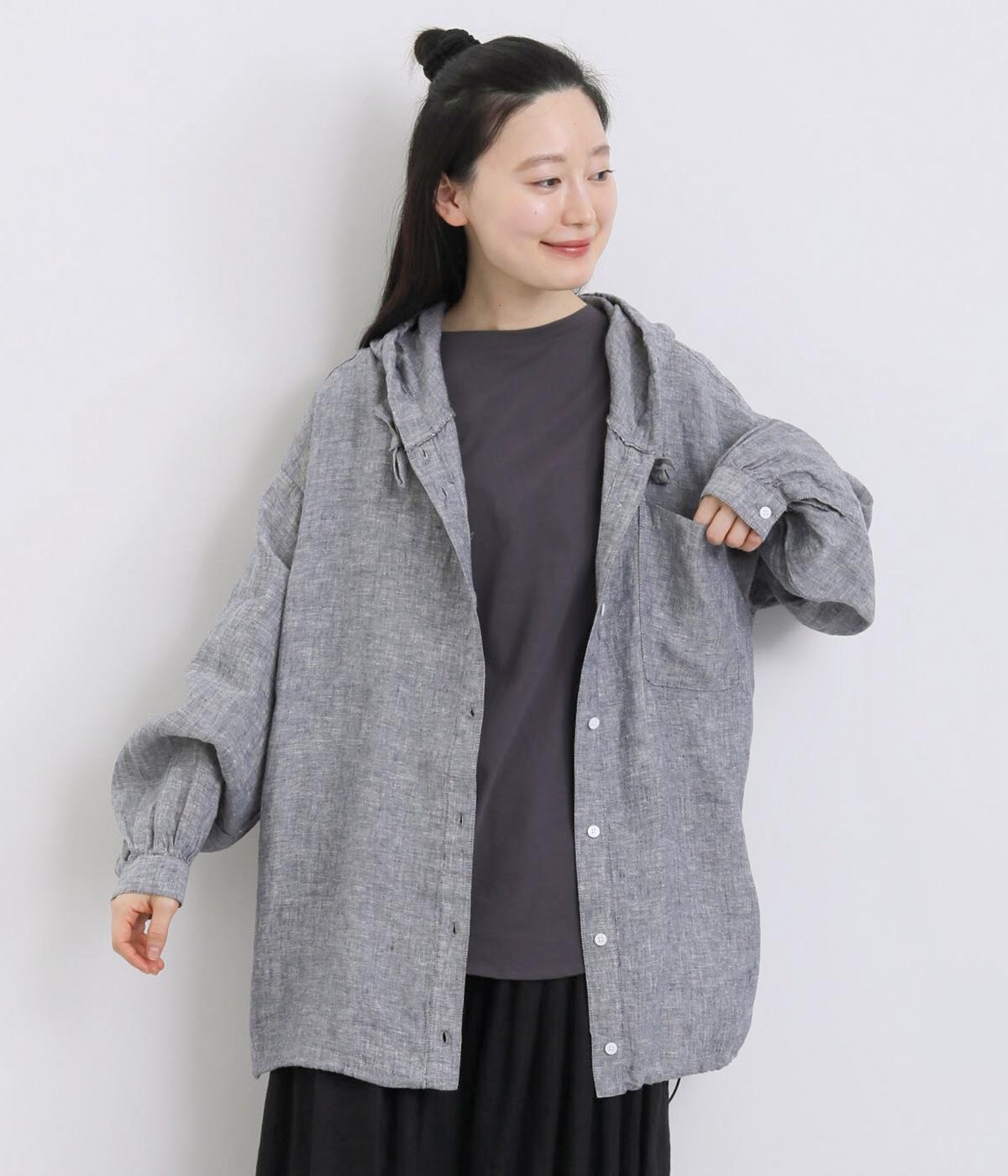 リネン先染めシャンブレー無地フード付裾スピンドル背ヨークフリルブラウス(ネイビーシャンブレー-F)