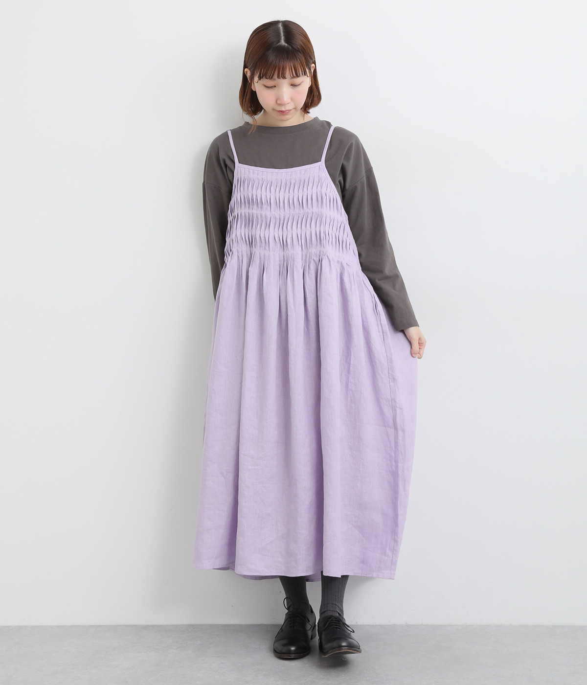 リネン変形ピンタックギャザーキャミワンピース(すみれ-ONESIZE)