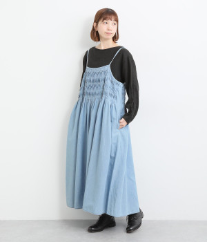 リネンコットンデニム変形ピンタックギャザーキャミワンピース(ブリーチ-ONESIZE)