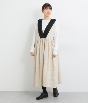 リネンVピンタック包み釦ギャザー2wayジャンパースカート(ナチュラル×ブラック-ONESIZE)