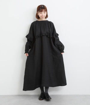 リネン襟ステッチフリル本貝釦2wayワンピース(ブラック-ONESIZE)