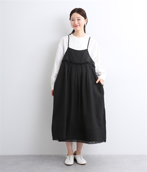 リネン裾ボーダーピンタック&胸・裾レースフリルギャザー2wayキャミワンピース(ブラック-ONESIZE)