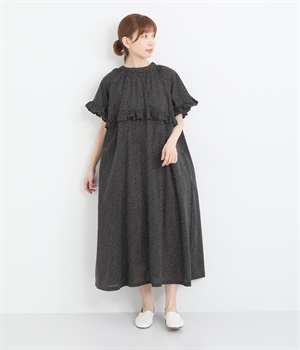 コットンランダム小玉プリント袖口・胸元フリル前開比翼仕立て2wayワンピース(ブラックベース×ベージュたま-ONESIZE)