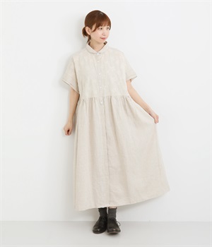 リネンコットンエンブレース小襟胸切替ギャザー比翼前開二枚袖半袖ワンピース