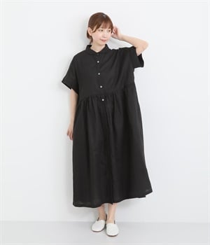 リネン小襟胸切替ギャザー比翼前開二枚袖半袖ワンピース
