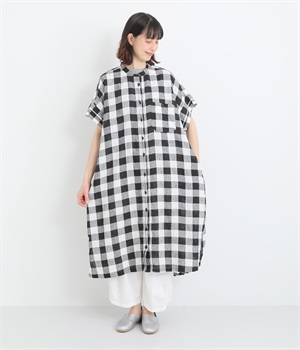 リネン先染ブロックチェック小襟胸切替ギャザー比翼前開二枚袖半袖ワンピース(黒ブロックチェック-ONESIZE)