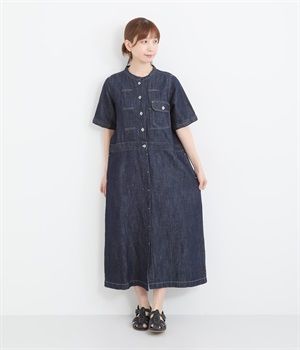 リネンコットン　インディゴデニム胸元・カウスピンタック白太ステッチ半袖ジージャンピース(インディゴデニム-ONESIZE)