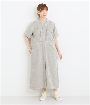 コットンヒッコリーストライプ胸元・カウスピンタック白太ステッチ半袖ジージャンピース