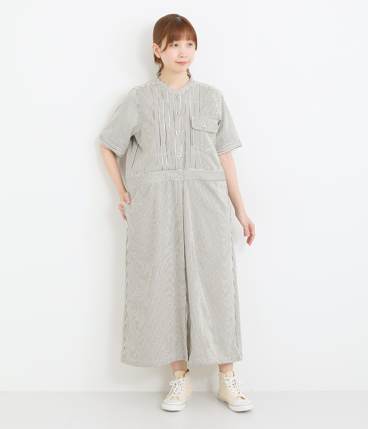コットンヒッコリーストライプ胸元・カウスピンタック白太ステッチ半袖ジージャンピース(ヒッコリーストライプ-ONESIZE)