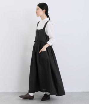 14番手洗いざらしリネン無地ウエスト特殊タックギャザー&フリル加工2wayジャンパースカート
