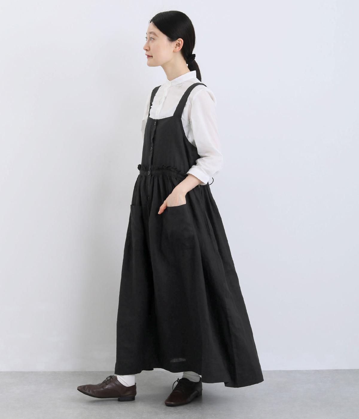 14番手洗いざらしリネン無地ウエスト特殊タックギャザー&フリル加工2wayジャンパースカート(ブラック-F)