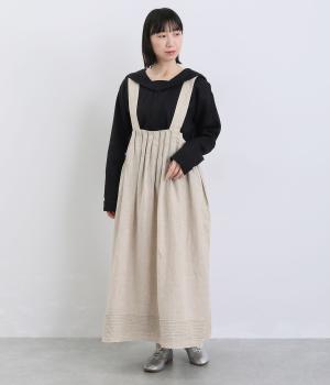 14番手洗いざらしリネン無地裾ピンタック&レース加工ウエストボックスギャザージャンパースカート