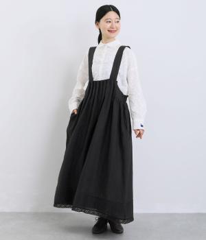 14番手洗いざらしリネン無地裾ピンタック&レース加工ウエストボックスギャザージャンパースカート(ブラック-F)
