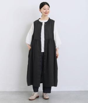 14番手洗いざらしリネン無地襟フリル途中比翼ウエストギャザー両サイドポケットノースリーブワンピース