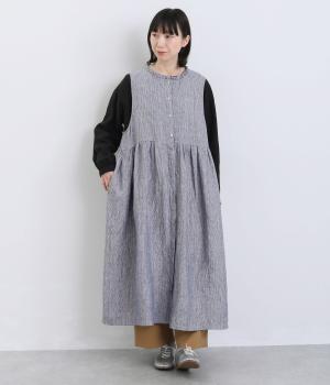 リネン先染めピンストライプ襟フリル途中比翼ウエストギャザー両サイドポケットノースリーブワンピース(ブルーストライプ-F)