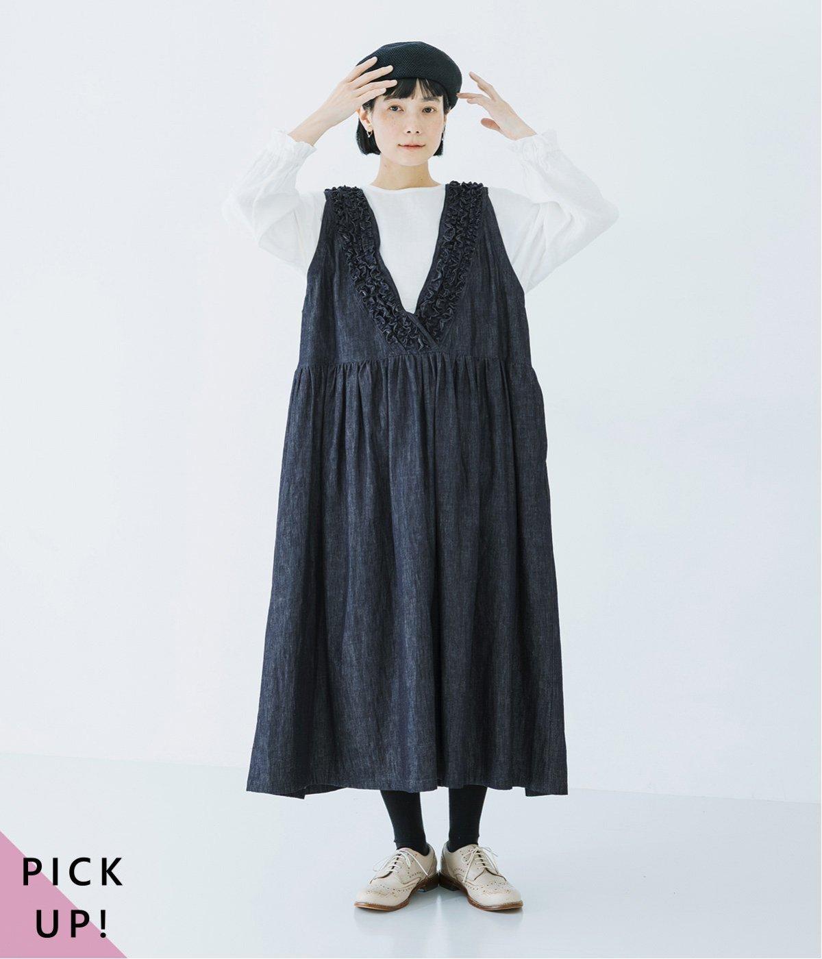 コットンリネンループ染めインディゴ前後フリル使い2wayノースリーブ