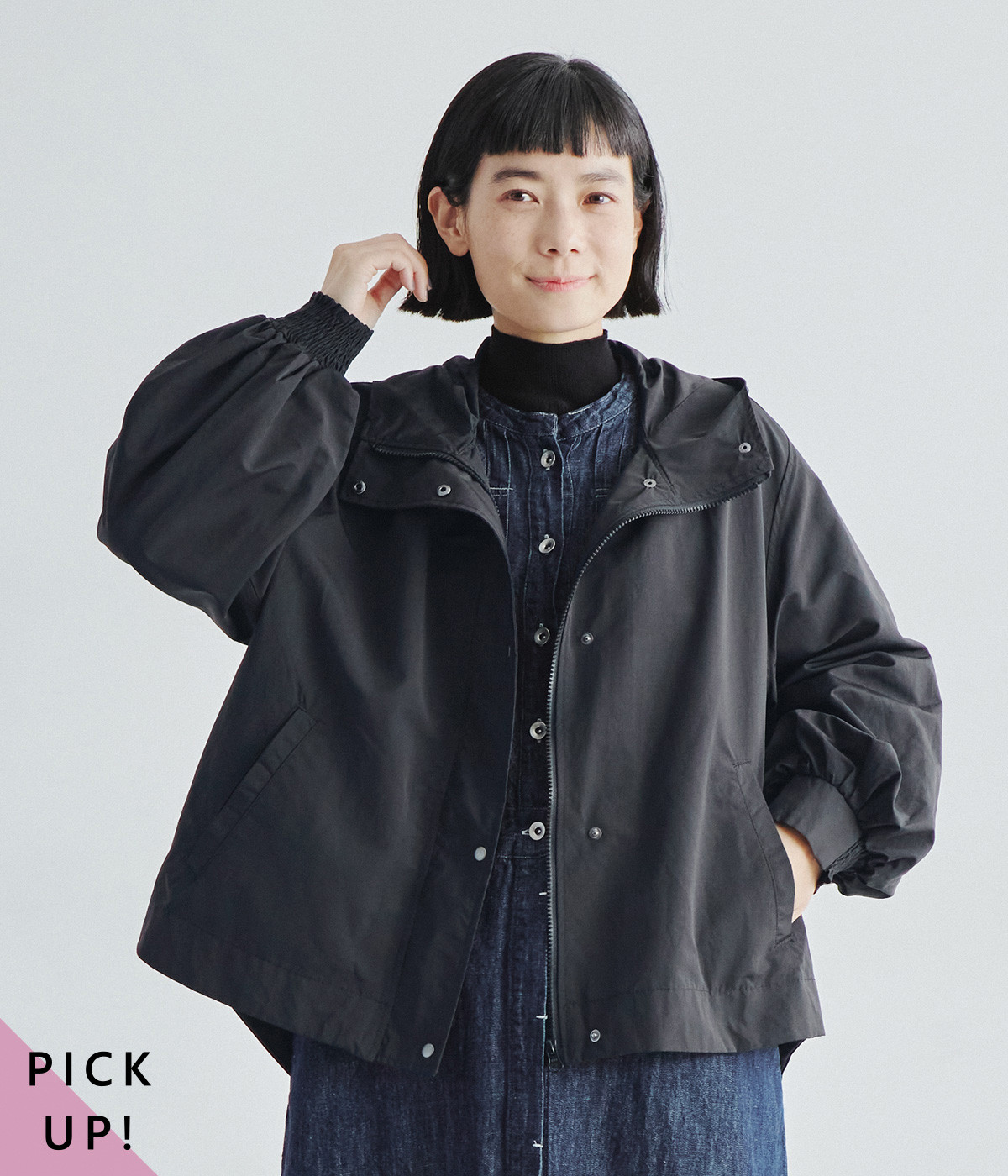 ヴァーサタイルタフタ フード付きドット釦ジャケット(ブラック-ONESIZE)