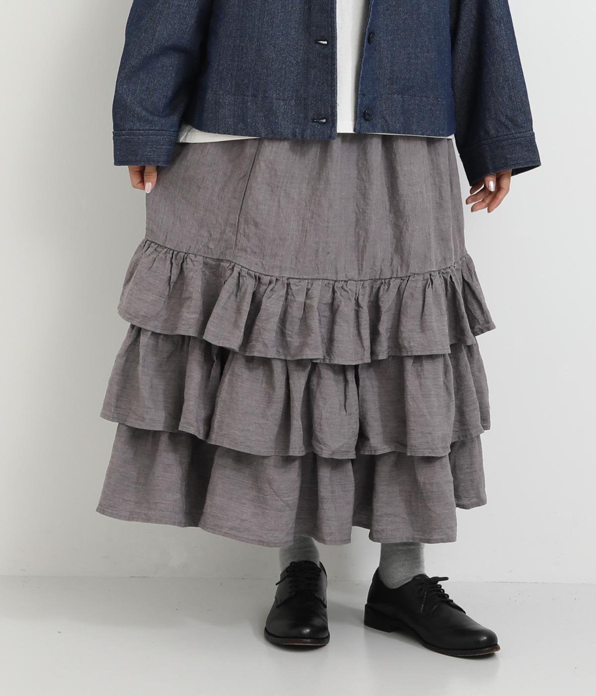 先染めシャンブレーメランジ杢無地3段ティアードフリル両サイドポケット付裏付スカート(シャンブレーグレー杢-F)