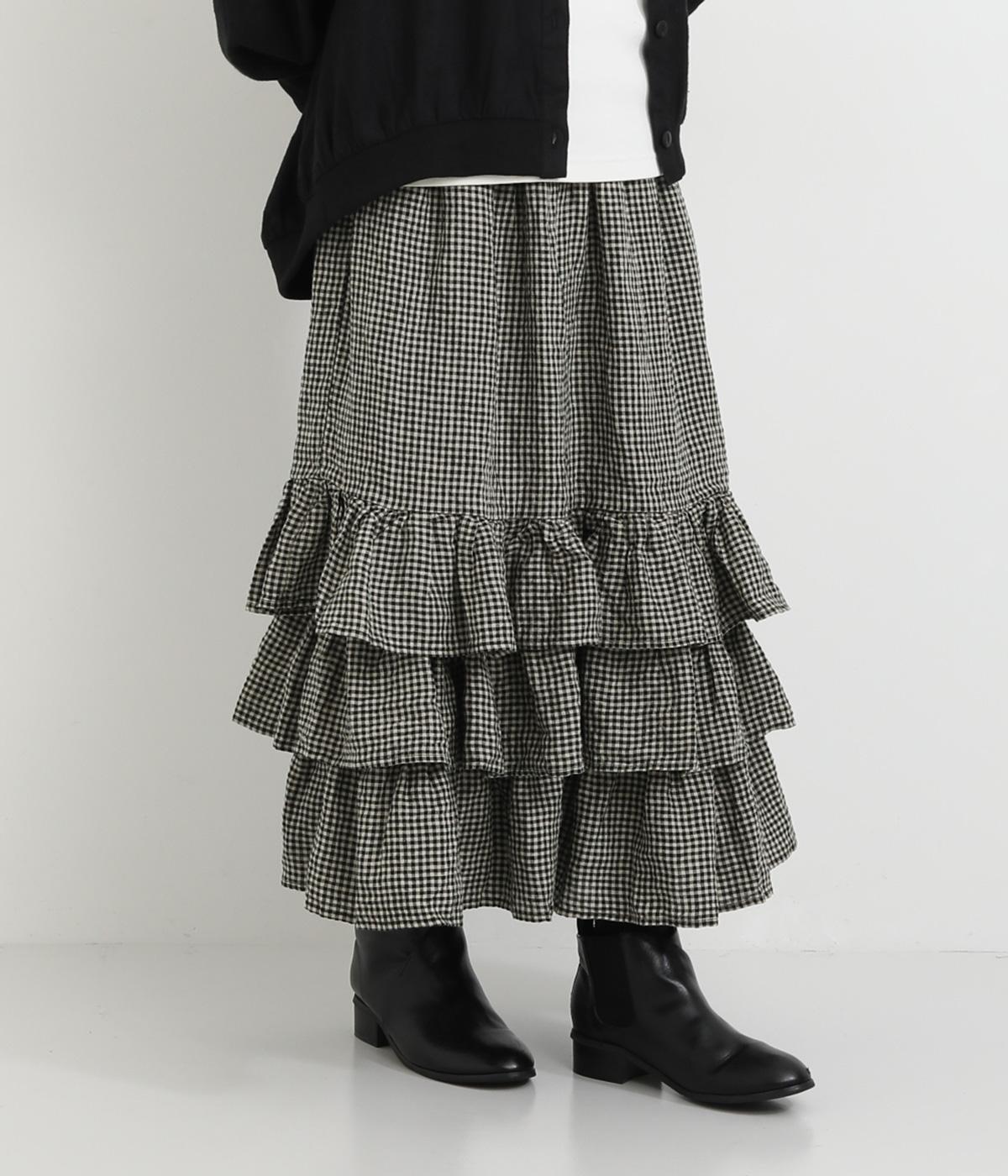 先染めギンガムチェック3段ティアードフリル両サイドポケット付裏付スカート(ギンガム-F)