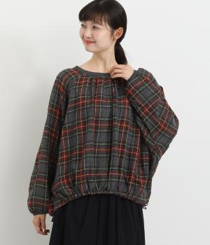 先染ウールガーゼ裾絞りラグランリブ付き2wayブラウス