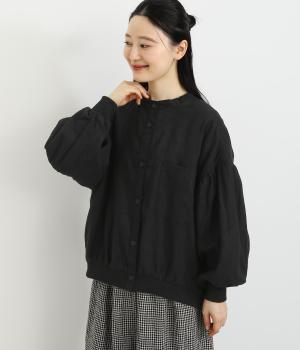 ブラッシュツイル襟・袖口・裾リブ猫目釦長袖ブラウス(ブラック-F)