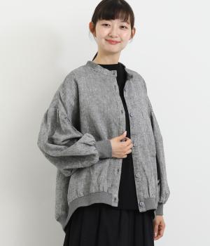 先染めシャンブレー起毛襟・袖口・裾リブ猫目釦長袖ブラウス(ブラックシャンブレー-F)