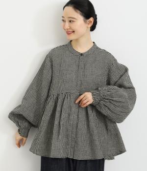 先染めチェックバンドカラーウエストギャザー後フリル比翼シャーリング袖ブラウス(3mmギンガム-F)