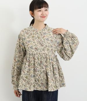 コーデュロイプリントバンドカラーウエストギャザー後フリル比翼シャーリング袖ブラウス
