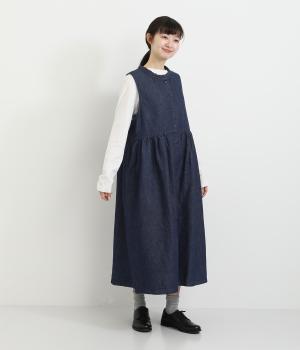 8ozスラブインディゴデニム襟フリル途中比翼ウエストギャザー両サイドポケットノースリーブワンピース